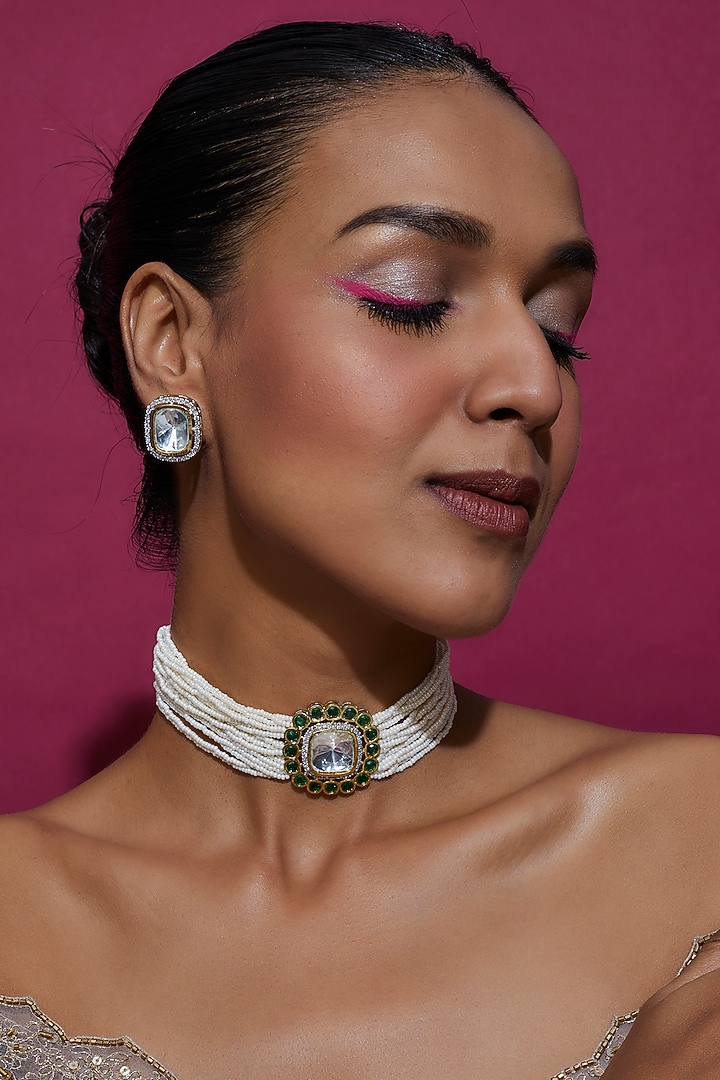 Gold Finish Kundan Polki & Green Stone Choker Necklace Set by VASTRAA Jewellery at Pernia's Pop Up Shop
