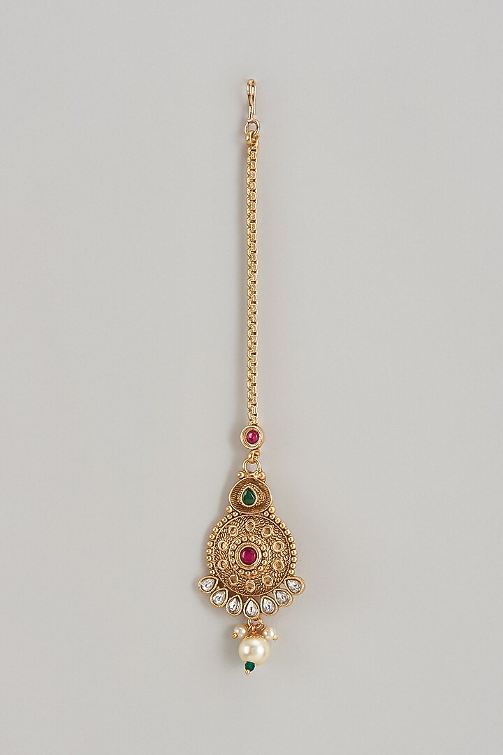 Gold Finish Kundan Polki Temple Maangtikka by VASTRAA Jewellery at Pernia's Pop Up Shop