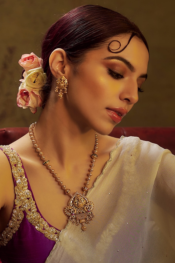 Gold Finish Multi-Colored Stone & Kundan Polki Temple Long Necklace Set by VASTRAA Jewellery at Pernia's Pop Up Shop