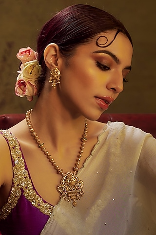 Gold Finish Multi-Colored Stone & Kundan Polki Temple Long Necklace Set by VASTRAA Jewellery