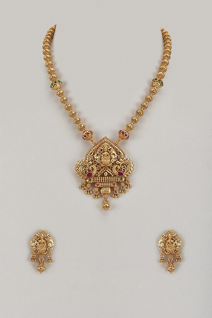 Gold Finish Multi-Colored Stone & Kundan Polki Temple Long Necklace Set by VASTRAA Jewellery at Pernia's Pop Up Shop