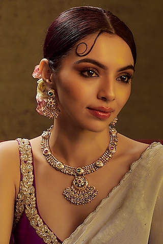 Gold Finish Multi-Colored Stone & Kundan Polki Temple Necklace Set by VASTRAA Jewellery