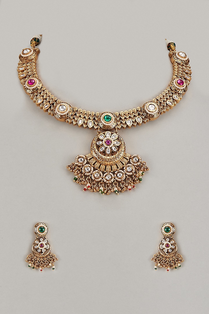 Gold Finish Multi-Colored Stone & Kundan Polki Temple Necklace Set by VASTRAA Jewellery at Pernia's Pop Up Shop