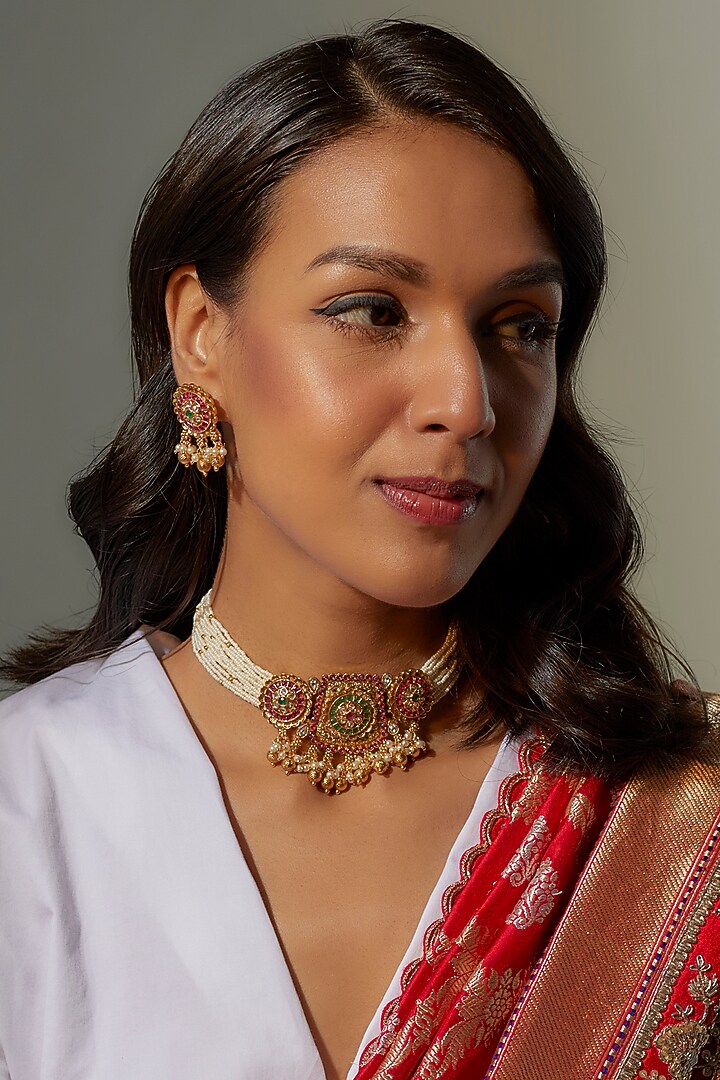 Gold Finish Multi-Colored Stone & Kundan Polki Temple Choker Necklace Set by VASTRAA Jewellery at Pernia's Pop Up Shop