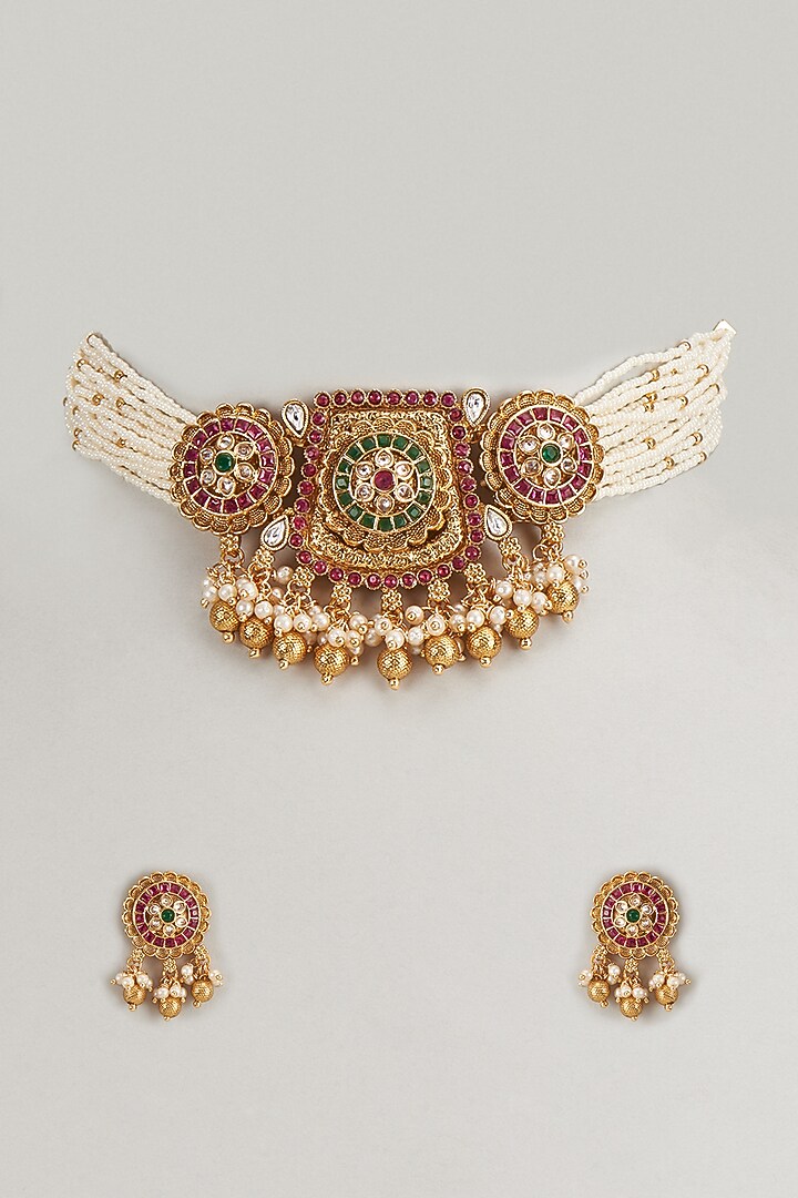 Gold Finish Multi-Colored Stone & Kundan Polki Temple Choker Necklace Set by VASTRAA Jewellery at Pernia's Pop Up Shop