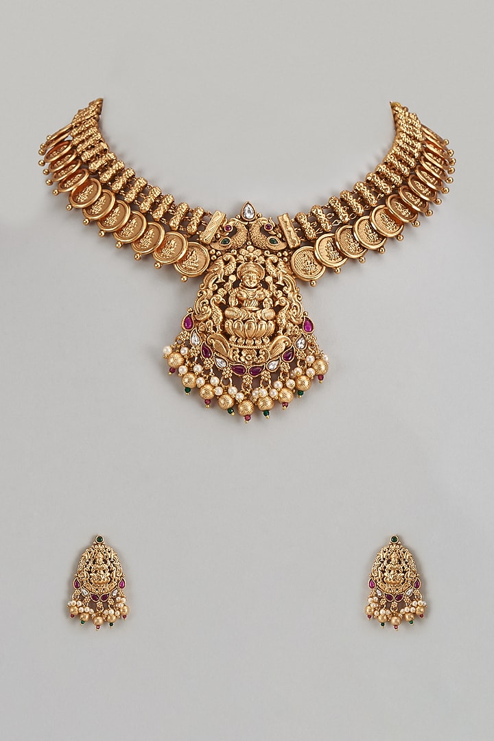 Gold Finish Red Stone Temple Necklace Set by VASTRAA Jewellery at Pernia's Pop Up Shop
