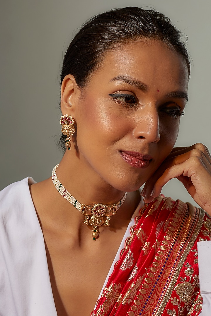 Gold Finish Multi-Colored Stone & Kundan Polki Temple Choker Necklace Set by VASTRAA Jewellery at Pernia's Pop Up Shop