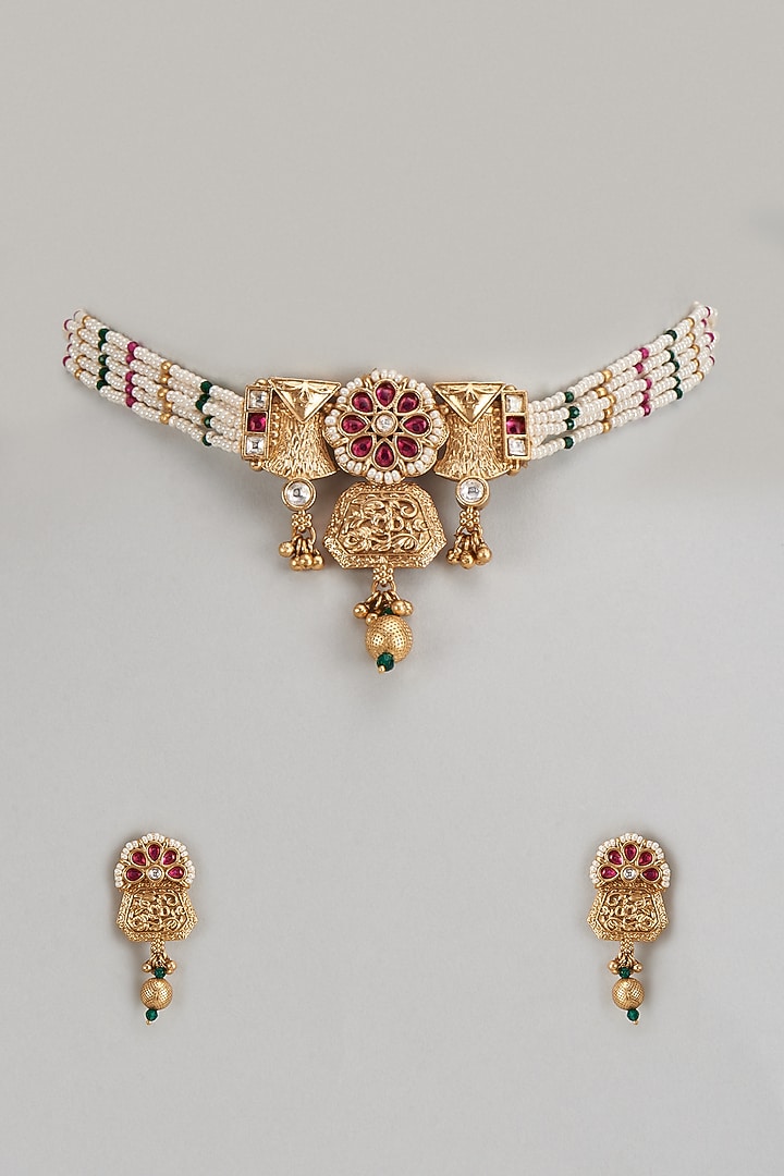 Gold Finish Multi-Colored Stone & Kundan Polki Temple Choker Necklace Set by VASTRAA Jewellery at Pernia's Pop Up Shop