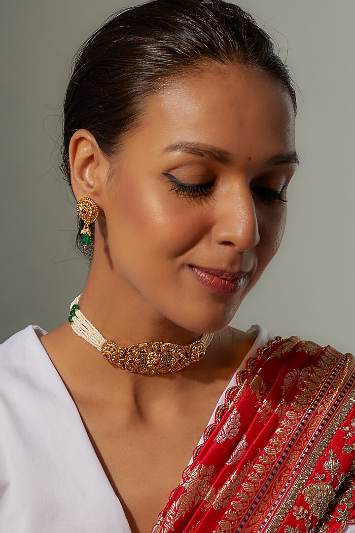 Gold Finish Multi-Colored Stone & Kundan Polki Temple Choker Necklace Set by VASTRAA Jewellery at Pernia's Pop Up Shop