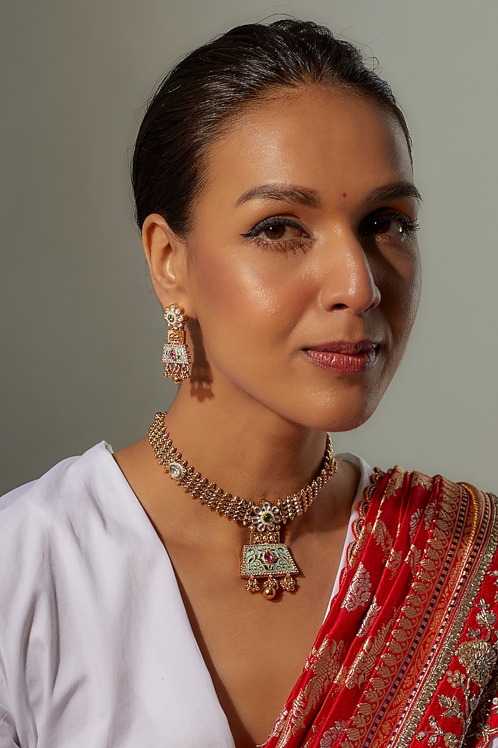 Gold Finish Multi-Colored Stone & Kundan Polki Temple Choker Necklace Set by VASTRAA Jewellery at Pernia's Pop Up Shop