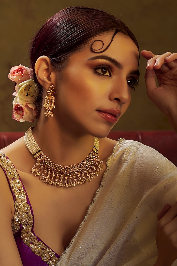 Gold Finish Multi-Colored Stone & Kundan Polki Temple Choker Necklace Set by VASTRAA Jewellery