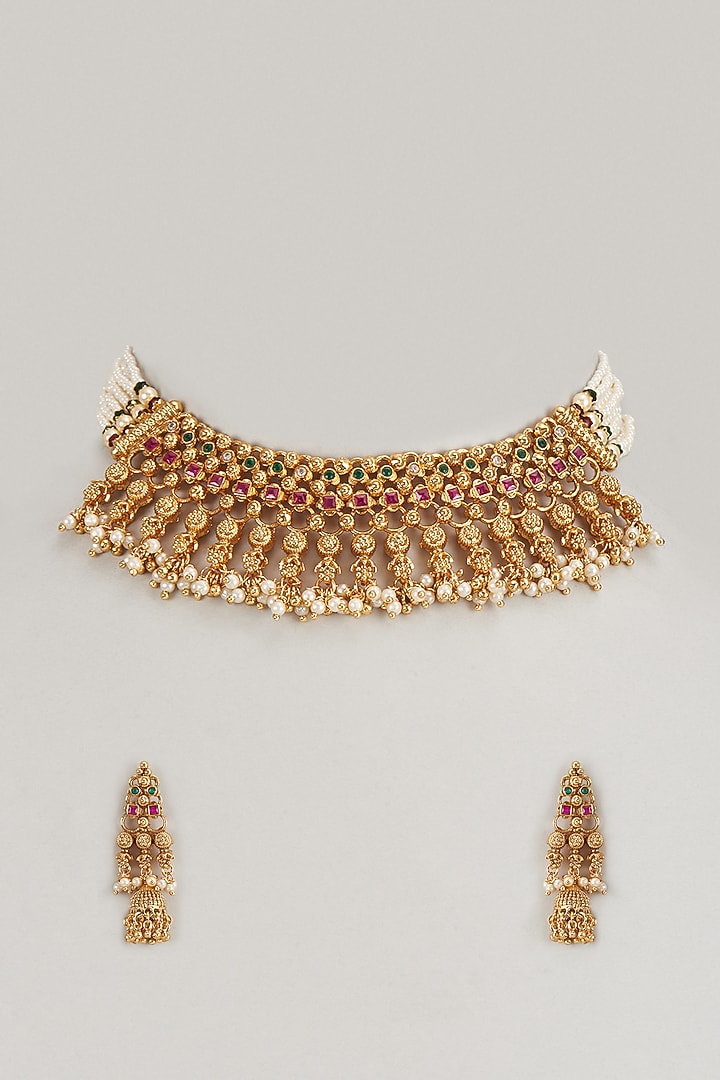 Gold Finish Multi-Colored Stone & Kundan Polki Temple Choker Necklace Set by VASTRAA Jewellery at Pernia's Pop Up Shop