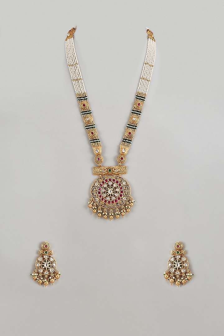 Gold Finish Multi-Colored Stone & Kundan Polki Temple Long Necklace Set by VASTRAA Jewellery at Pernia's Pop Up Shop