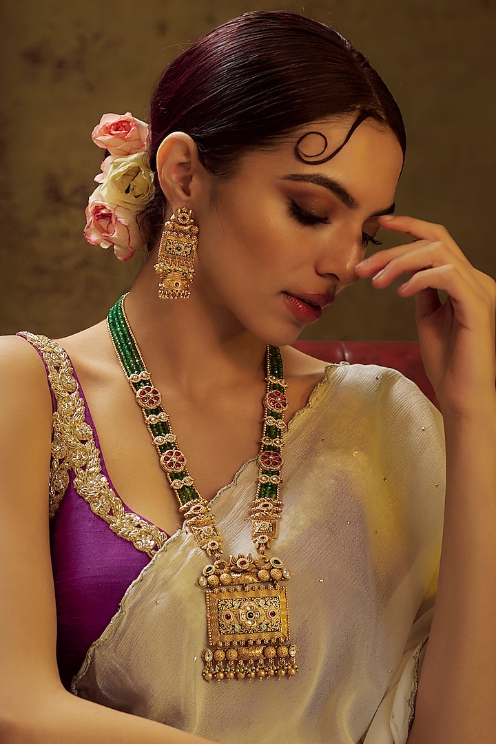 Gold Finish Multi-Colored Stone & Kundan Polki Temple Long Necklace Set by VASTRAA Jewellery at Pernia's Pop Up Shop
