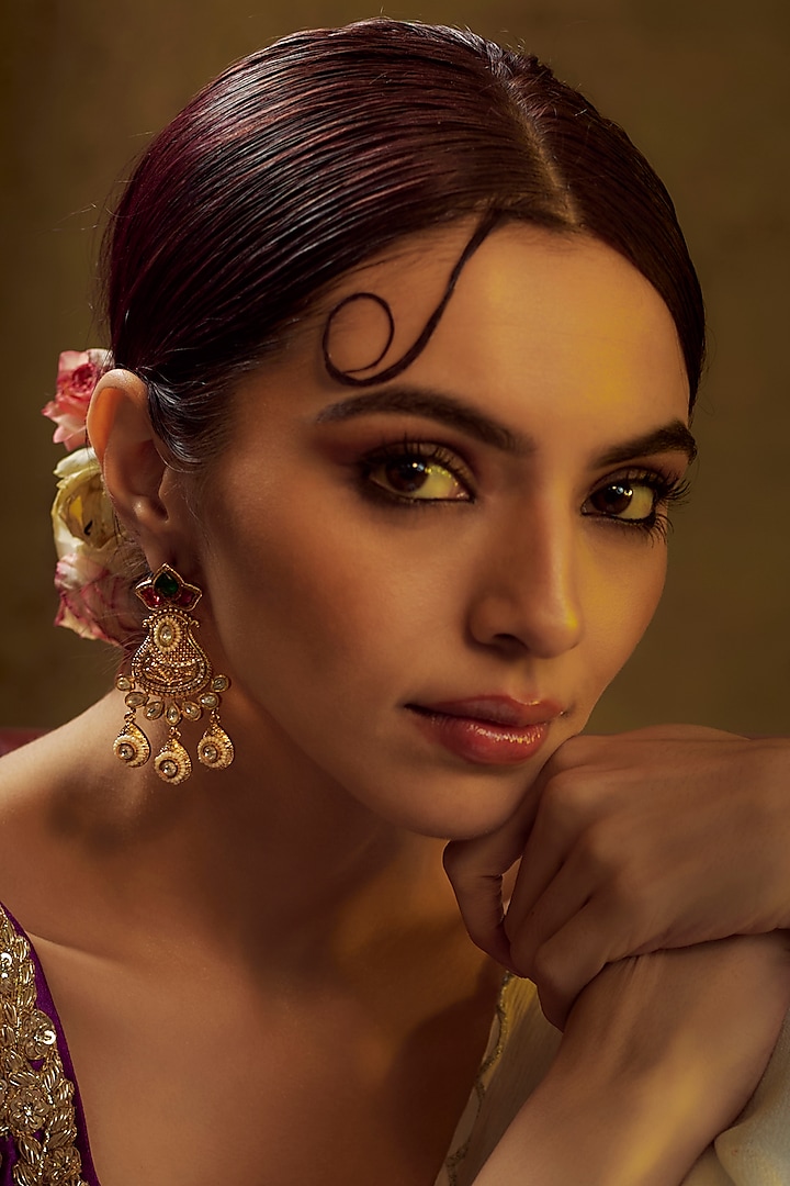 Gold Finish Kundan Polki & Multi-Colored Stone Temple Dangler Earrings by VASTRAA Jewellery at Pernia's Pop Up Shop