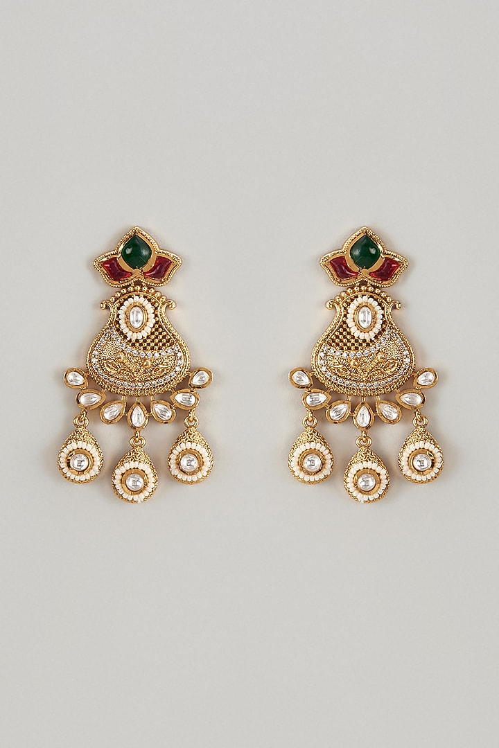 Gold Finish Kundan Polki & Multi-Colored Stone Temple Dangler Earrings by VASTRAA Jewellery at Pernia's Pop Up Shop