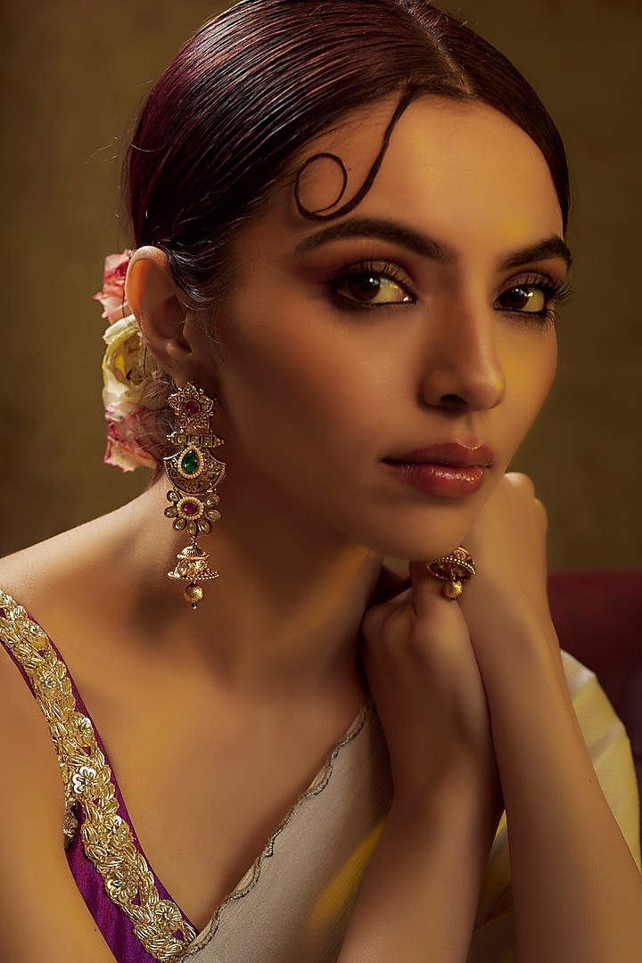 Gold Finish Kundan Polki & Multi-Colored Stone Temple Dangler Earrings by VASTRAA Jewellery at Pernia's Pop Up Shop