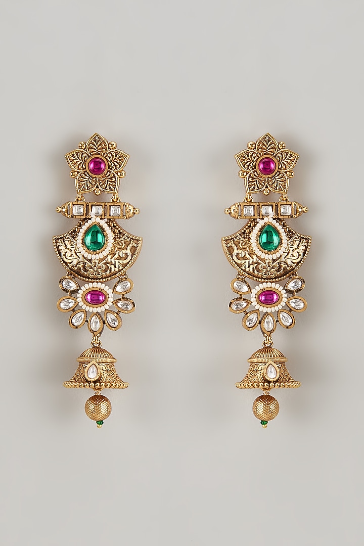 Gold Finish Kundan Polki & Multi-Colored Stone Temple Dangler Earrings by VASTRAA Jewellery at Pernia's Pop Up Shop
