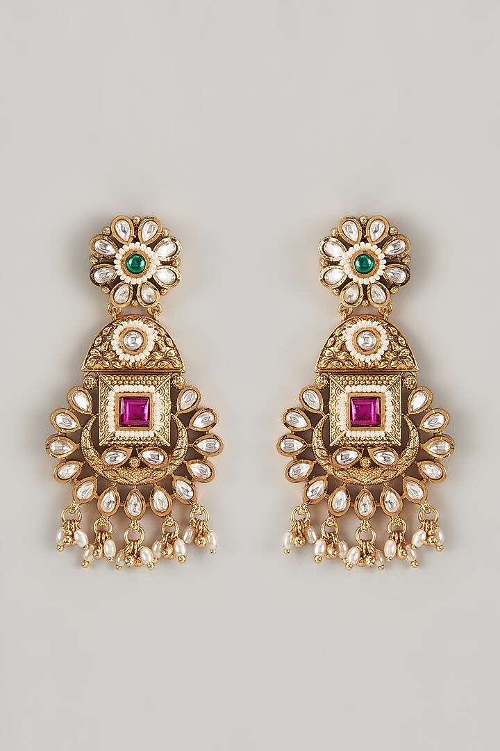 Gold Finish Kundan Polki & Multi-Colored Stone Temple Dangler Earrings by VASTRAA Jewellery at Pernia's Pop Up Shop
