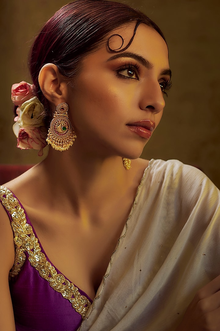 Gold Finish Kundan Polki & Multi-Colored Stone Temple Dangler Earrings by VASTRAA Jewellery