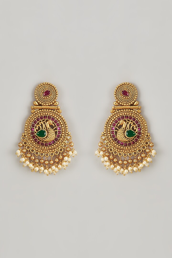 Gold Finish Kundan Polki & Multi-Colored Stone Temple Dangler Earrings by VASTRAA Jewellery at Pernia's Pop Up Shop