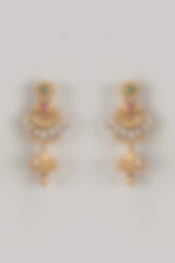 Gold Finish Kundan Polki & Multi-Colored Stone Temple Dangler Earrings by VASTRAA Jewellery at Pernia's Pop Up Shop