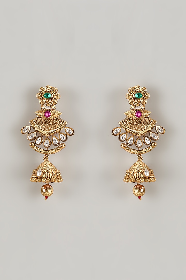 Gold Finish Kundan Polki & Multi-Colored Stone Temple Dangler Earrings by VASTRAA Jewellery at Pernia's Pop Up Shop