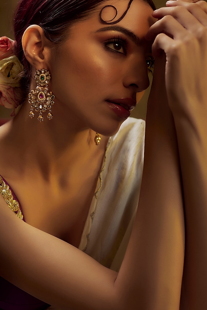 Gold Finish Kundan Polki & Multi-Colored Stone Temple Dangler Earrings by VASTRAA Jewellery at Pernia's Pop Up Shop