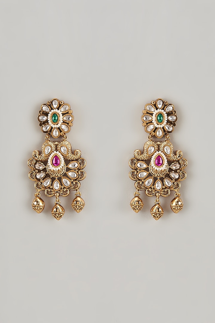 Gold Finish Kundan Polki & Multi-Colored Stone Temple Dangler Earrings by VASTRAA Jewellery at Pernia's Pop Up Shop
