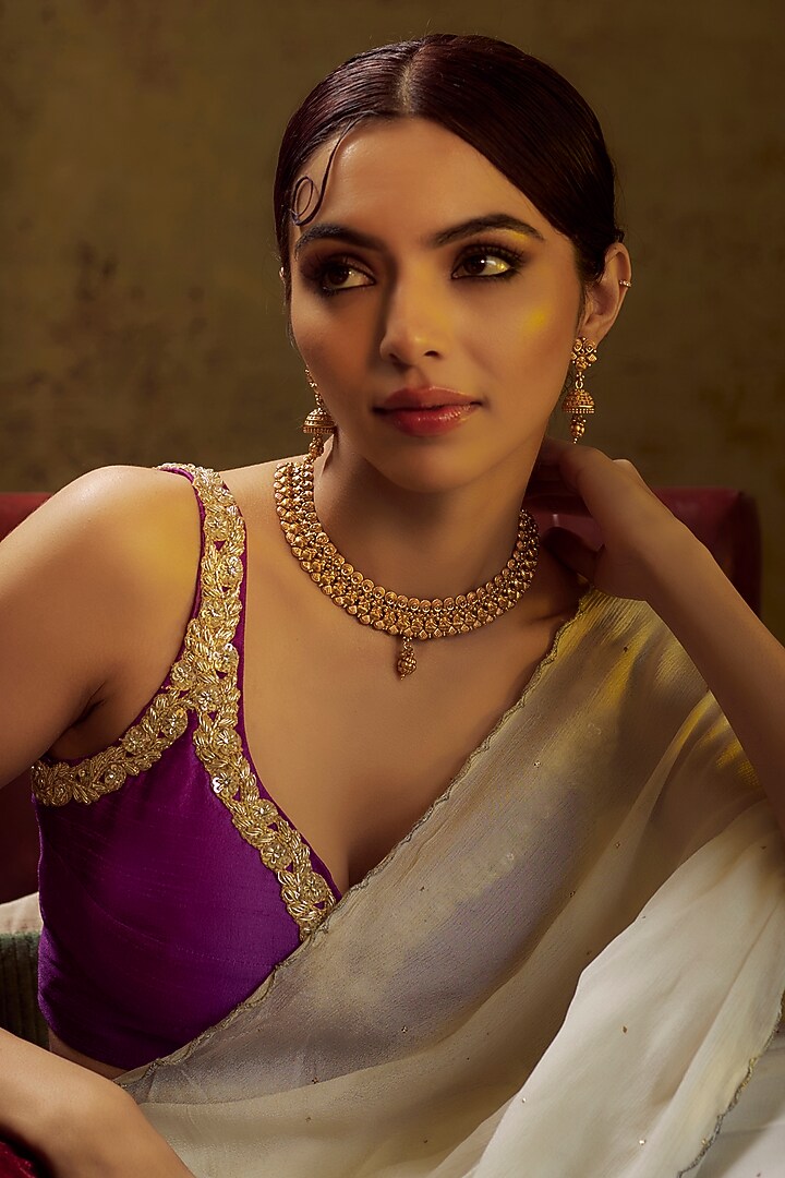 Gold Finish Kundan Polki Temple Necklace Set by VASTRAA Jewellery at Pernia's Pop Up Shop