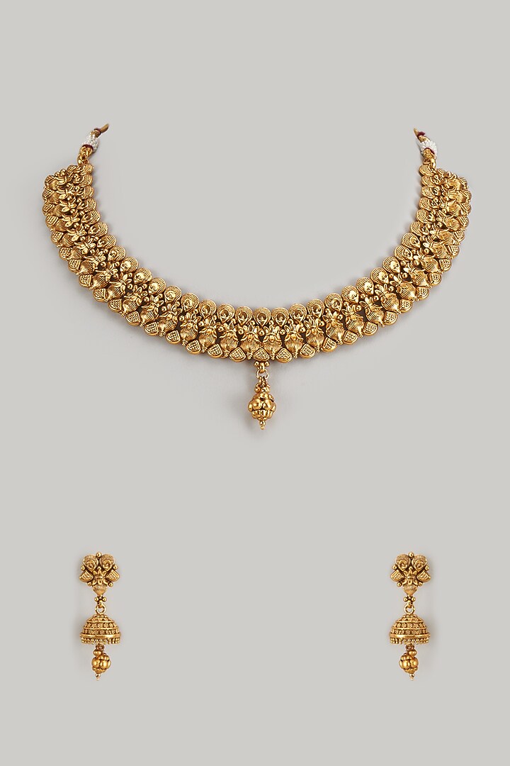 Gold Finish Kundan Polki Temple Necklace Set by VASTRAA Jewellery at Pernia's Pop Up Shop