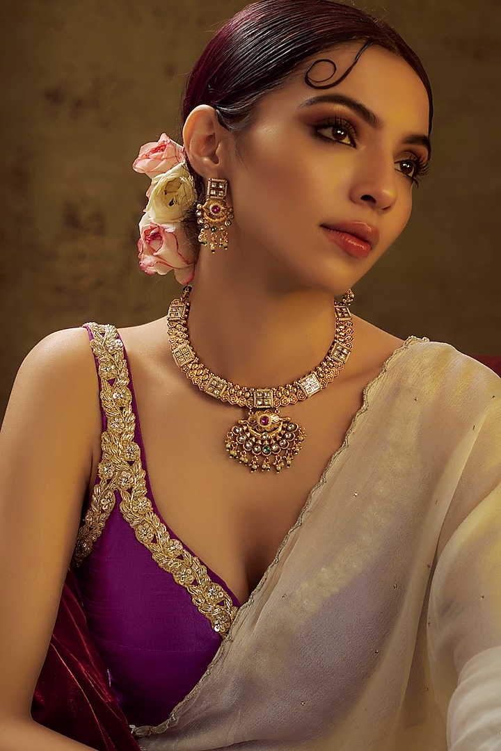 Gold Finish Kundan Polki & Multi-Colored Stone Temple Necklace Set by VASTRAA Jewellery at Pernia's Pop Up Shop