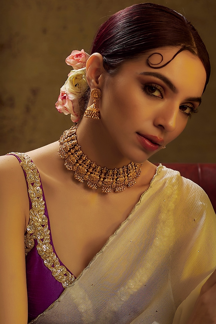 Gold Finish Kundan Polki Temple Necklace Set by VASTRAA Jewellery at Pernia's Pop Up Shop