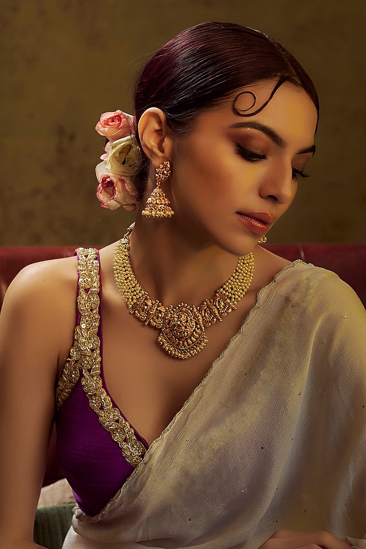 Gold Finish Kundan Polki & Pearl Temple Necklace Set by VASTRAA Jewellery