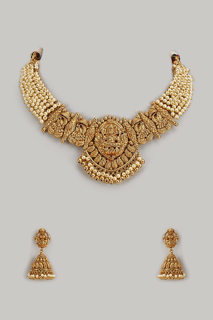 Gold Finish Kundan Polki & Pearl Temple Necklace Set by VASTRAA Jewellery at Pernia's Pop Up Shop