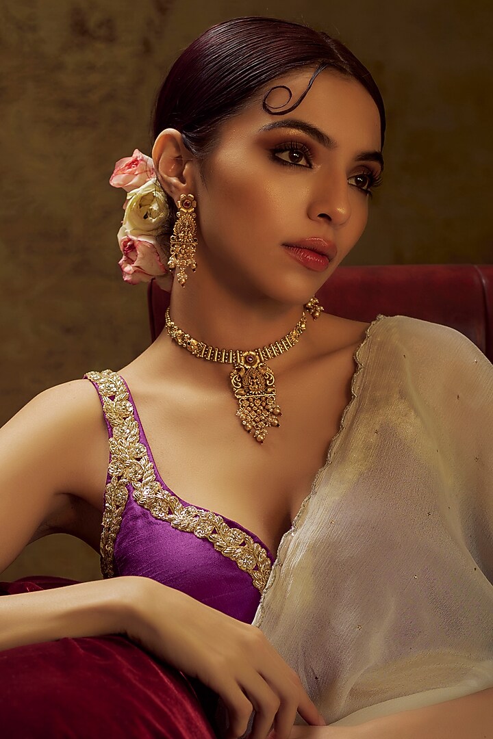 Gold Finish Red Stone Temple Necklace Set by VASTRAA Jewellery at Pernia's Pop Up Shop