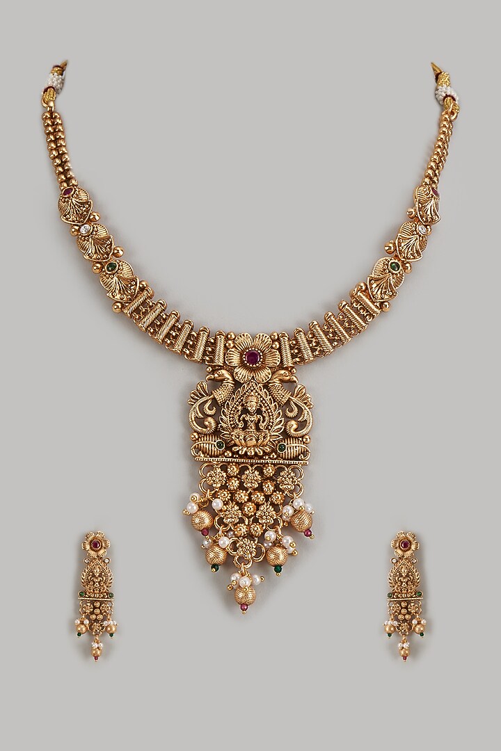 Gold Finish Red Stone Temple Necklace Set by VASTRAA Jewellery at Pernia's Pop Up Shop