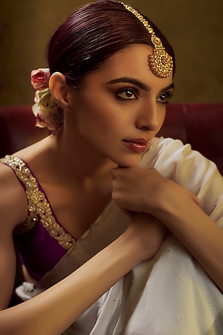 Gold Finish Kundan Polki Temple Maangtikka by VASTRAA Jewellery