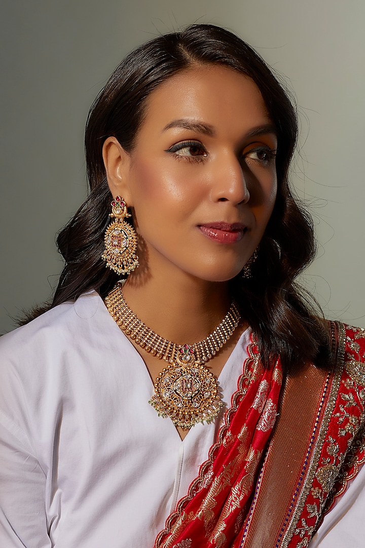 Gold Finish Kundan Polki & Multi-Colored Stone Temple Necklace Set by VASTRAA Jewellery at Pernia's Pop Up Shop