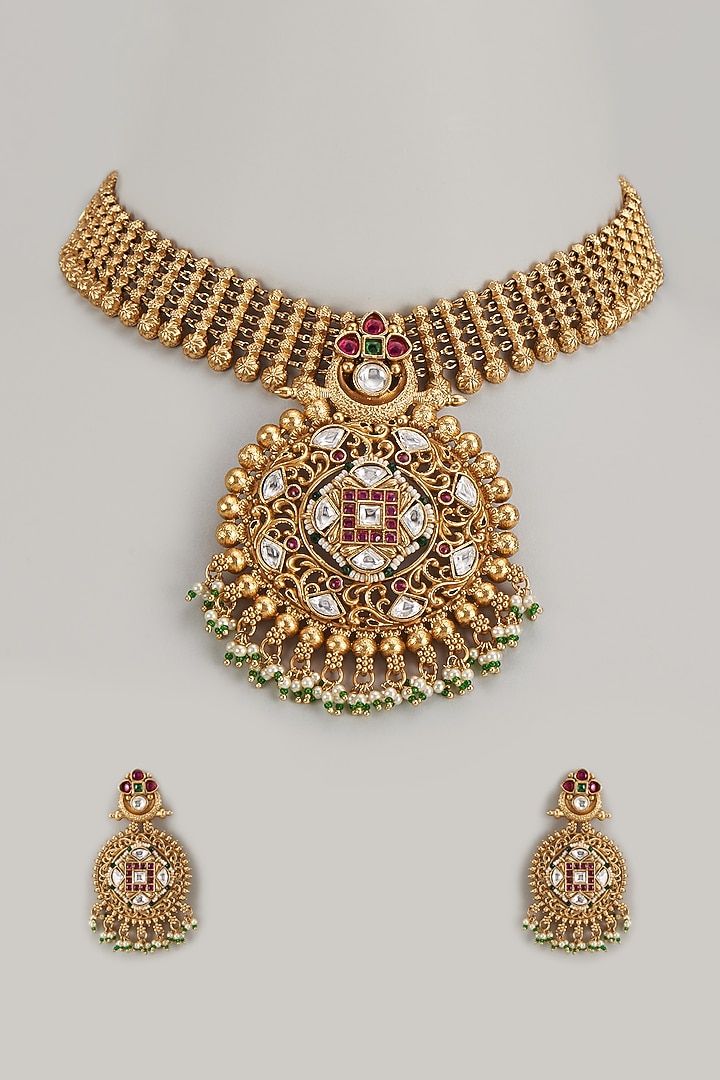 Gold Finish Kundan Polki & Multi-Colored Stone Temple Necklace Set by VASTRAA Jewellery at Pernia's Pop Up Shop