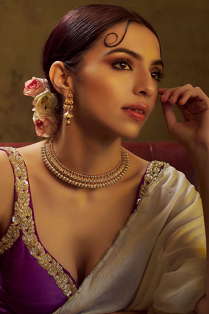 Gold Finish Red Stone Temple Necklace Set by VASTRAA Jewellery at Pernia's Pop Up Shop
