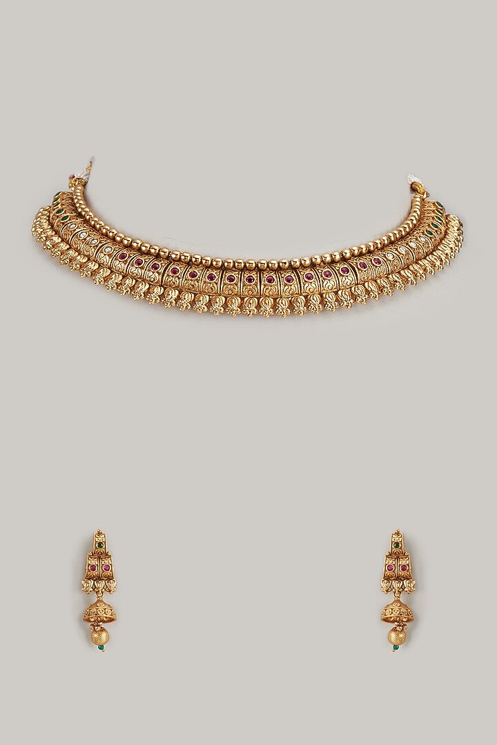 Gold Finish Red Stone Temple Necklace Set by VASTRAA Jewellery at Pernia's Pop Up Shop