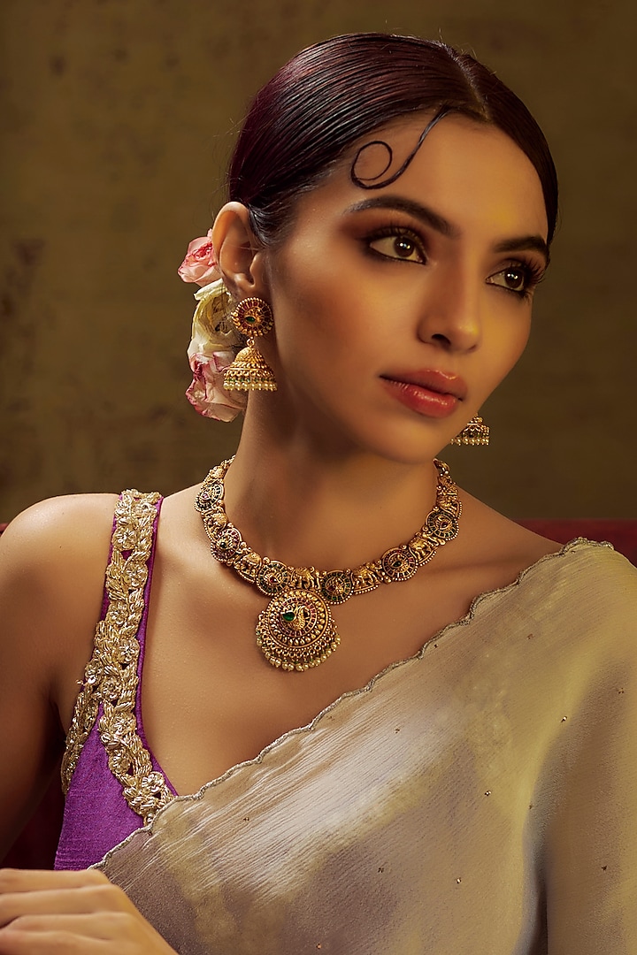 Gold Finish Kundan Polki & Multi-Colored Stone Temple Necklace Set by VASTRAA Jewellery at Pernia's Pop Up Shop
