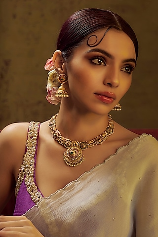 Gold Finish Kundan Polki & Multi-Colored Stone Temple Necklace Set by VASTRAA Jewellery