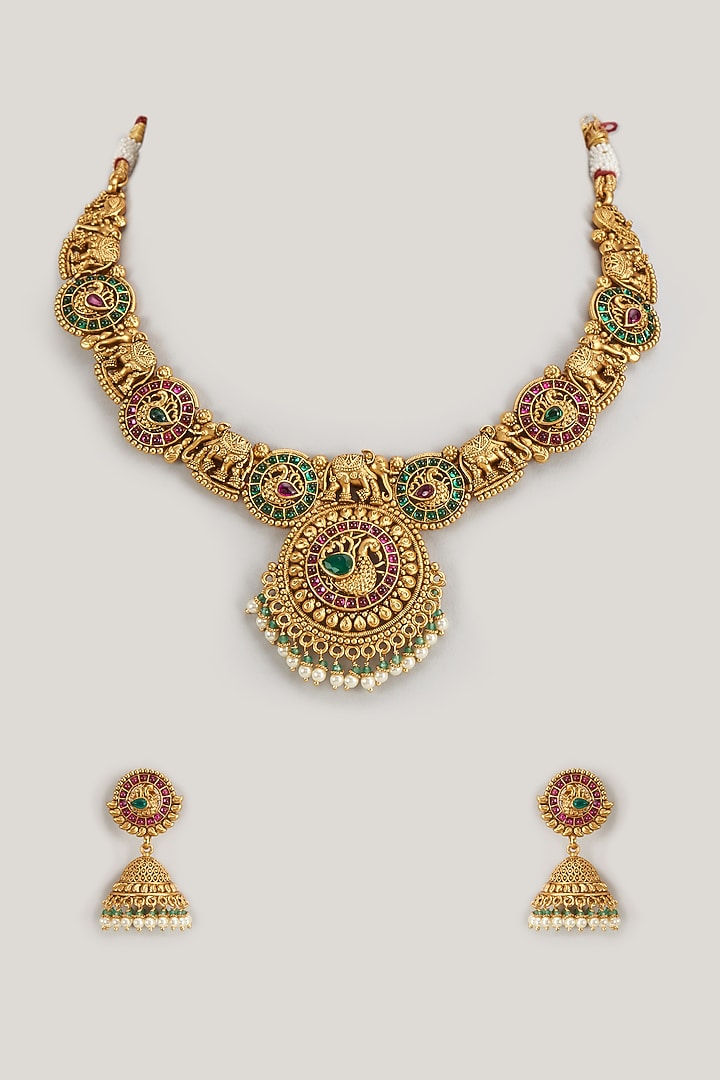Gold Finish Kundan Polki & Multi-Colored Stone Temple Necklace Set by VASTRAA Jewellery at Pernia's Pop Up Shop