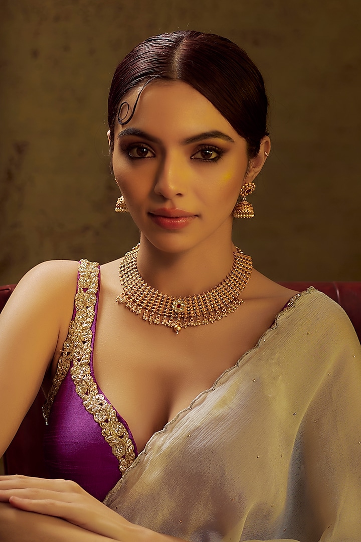 Gold Finish Red Stone Temple Necklace Set by VASTRAA Jewellery at Pernia's Pop Up Shop