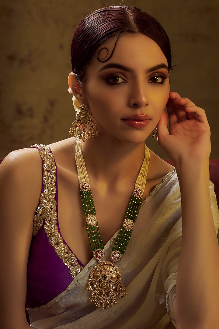 Gold Finish Kundan Polki & Multi-Colored Stone Temple Long Necklace Set by VASTRAA Jewellery at Pernia's Pop Up Shop