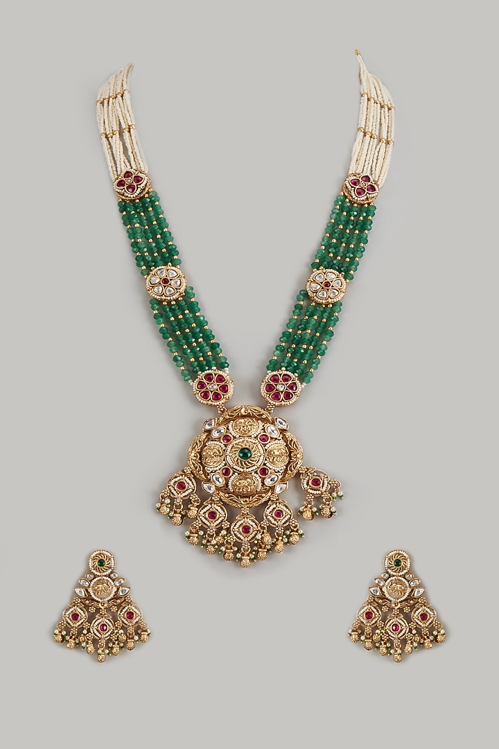 Gold Finish Kundan Polki & Multi-Colored Stone Temple Long Necklace Set by VASTRAA Jewellery at Pernia's Pop Up Shop