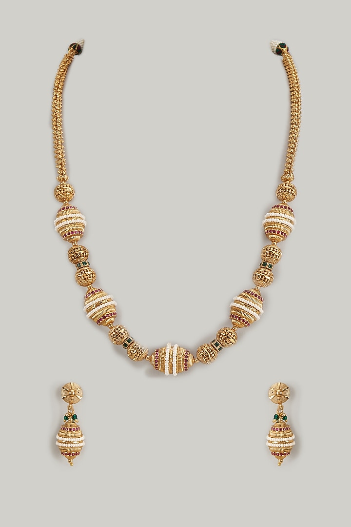 Gold Finish Kundan Polki & Multi-Colored Stone Temple Mala Set by VASTRAA Jewellery at Pernia's Pop Up Shop