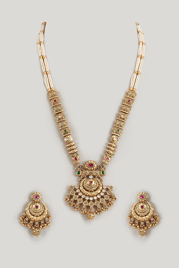 Gold Finish Kundan Polki & Multi-Colored Stone Temple Long Necklace Set by VASTRAA Jewellery at Pernia's Pop Up Shop